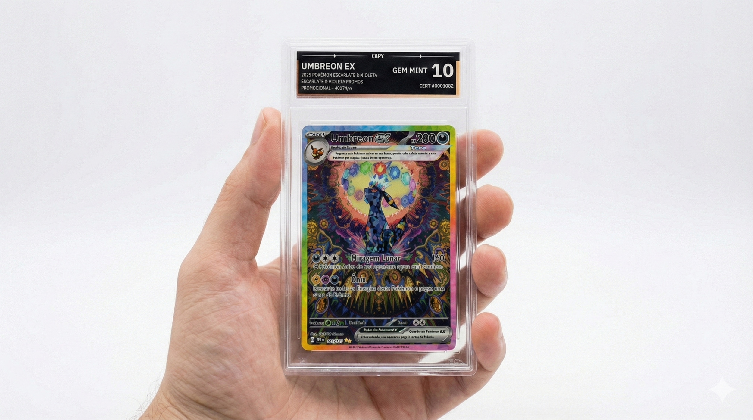 Carta de Pokémon Umbreon EX em uma embalagem transparente, avaliada com nota GEM MINT 10, dentro de uma caixa de classificação.