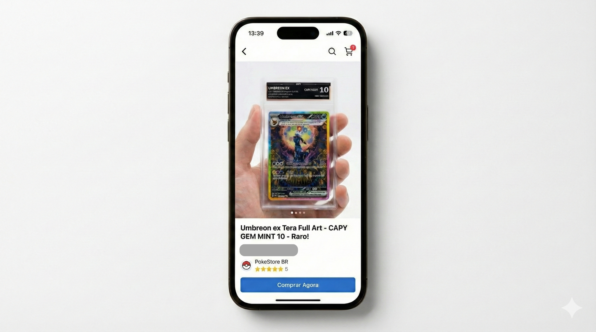 Tela de celular exibindo uma página de venda de uma carta Pokémon Umbreon ex Tera Full Art em uma plataforma de comércio eletrônico.