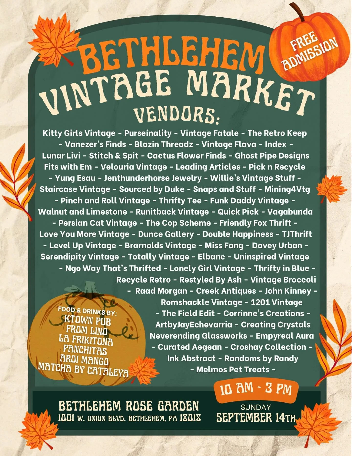 Check out our vendors for this Sunday 🔥

✨Food &amp; drinks by: @ktownpub @from.lino @lafrikitonallc @panchitasllc @aroi.mango @matchabycataleya

📍Bethlehem Rose Garden 
1001 W Union Blvd, Bethlehem, PA

✨Featuring 65+ vendors - follow them below! 