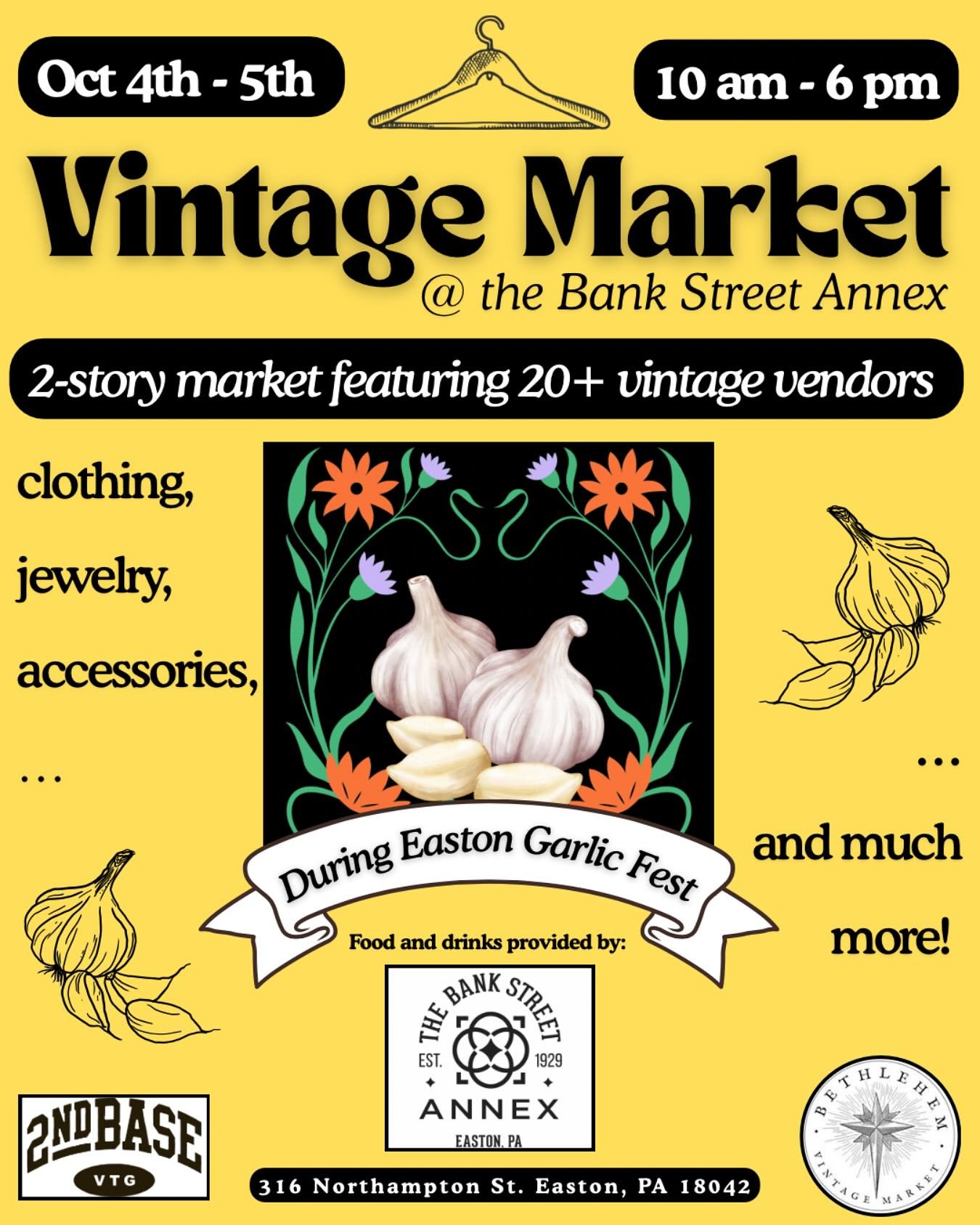 SAVE THE DATE! We will be returning to @eastongarlicfest this year!!! 🎉

Join us at the Bank Street Annex for a 2-day, 2-story vintage market takeover during the legendary Easton Garlic Fest! 🧄

💍👕 featuring vintage clothing, jewelry, accessories