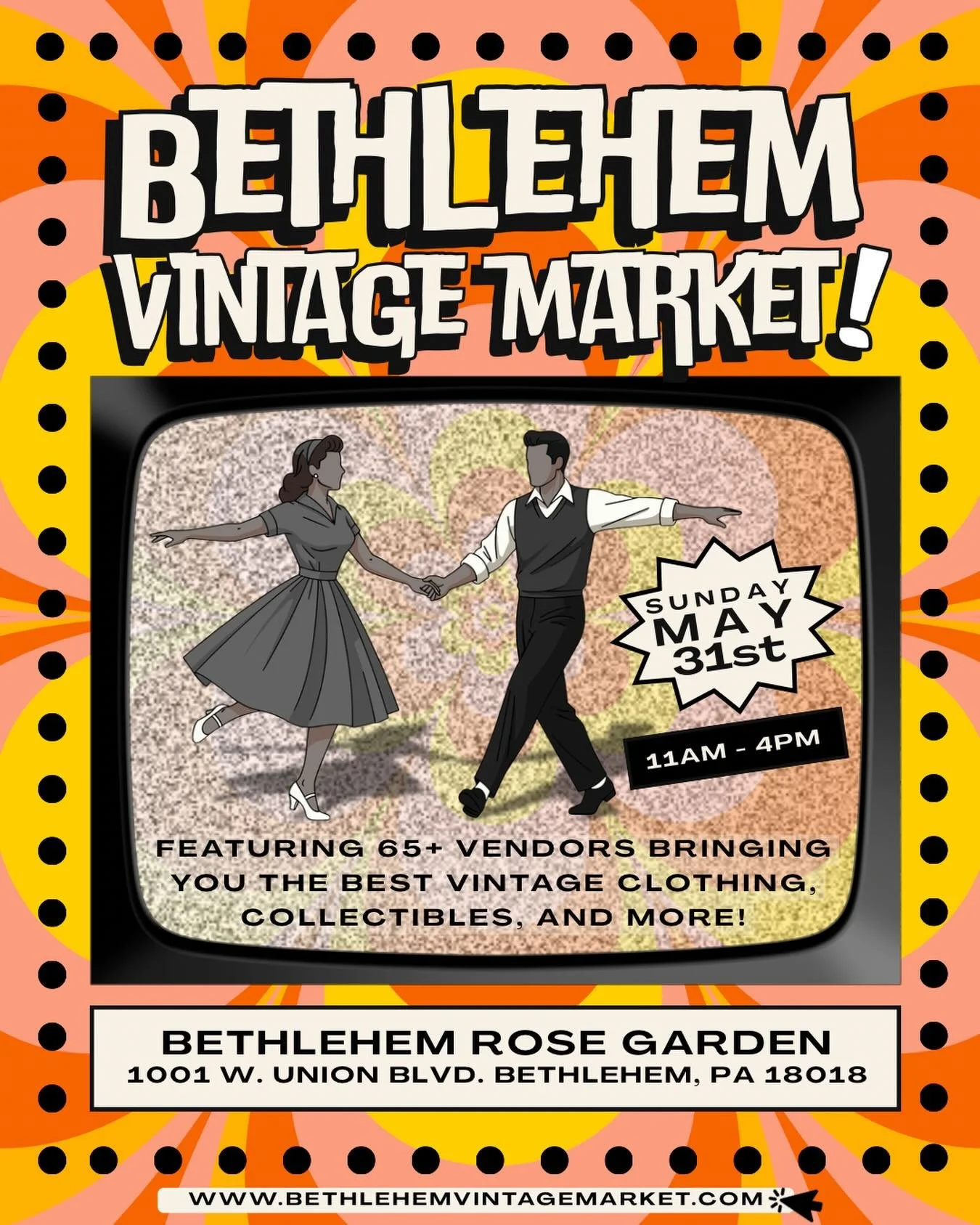 Announcing our first market of 2026! ☀️😎

Join us for a day of all things vintage - featuring 65+ vendors of all kinds! 🙌 (now accepting vendors, see more details below!) 

Sunday, May 31st from 11am - 4pm @ the Bethlehem Rose Garden! 
📍1001 W. Un
