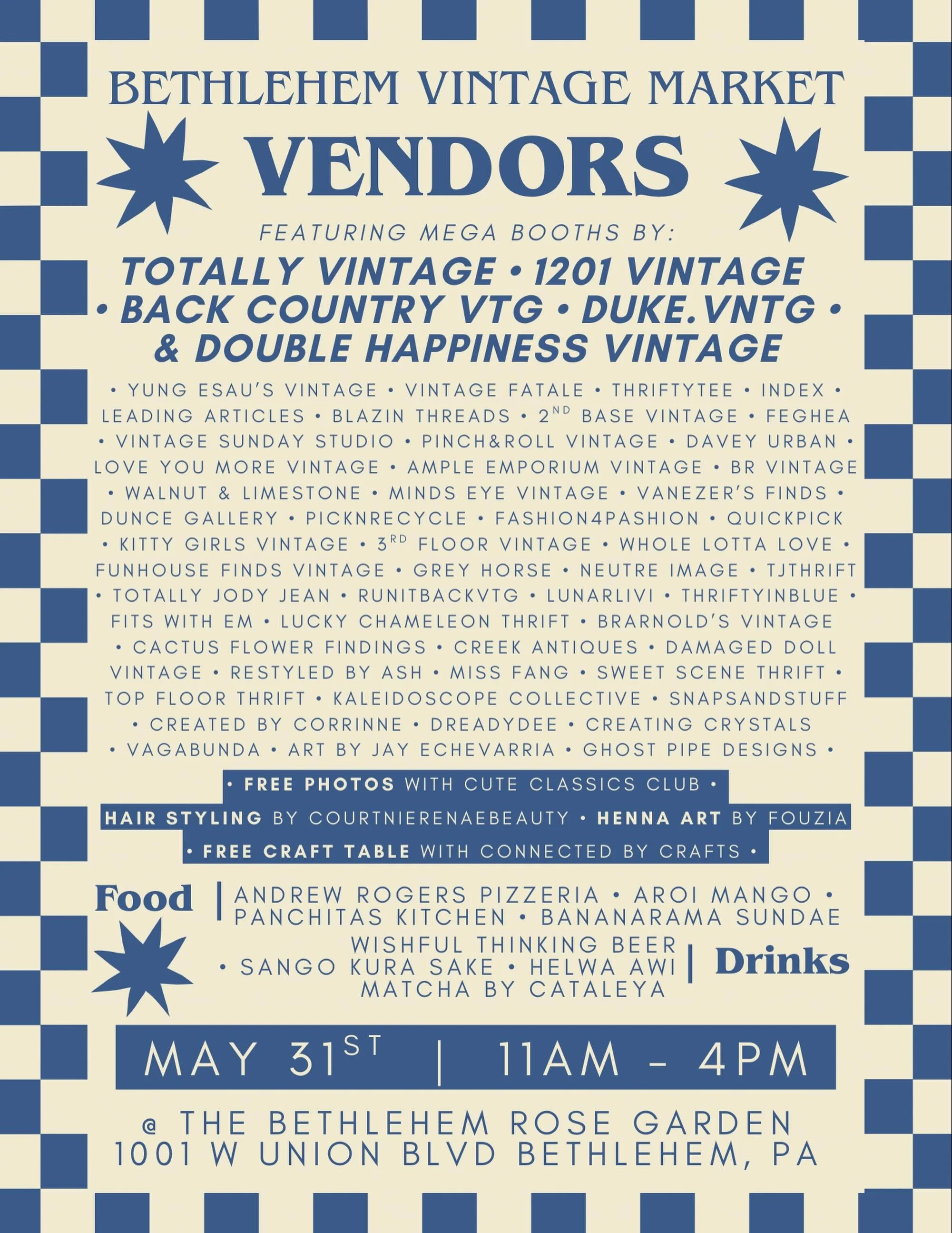 We&rsquo;re back at the Bethlehem Rose Garden - kicking off this season strong 💪

✨FREE PARKING, FREE ADMISSION 
✨SUNDAY, MAY 31ST FROM 11AM - 4PM

👉Featuring all new MEGA BOOTHS by: @totallyvintagejw @1201vintage @backcountryvtg @duke.vntg @double