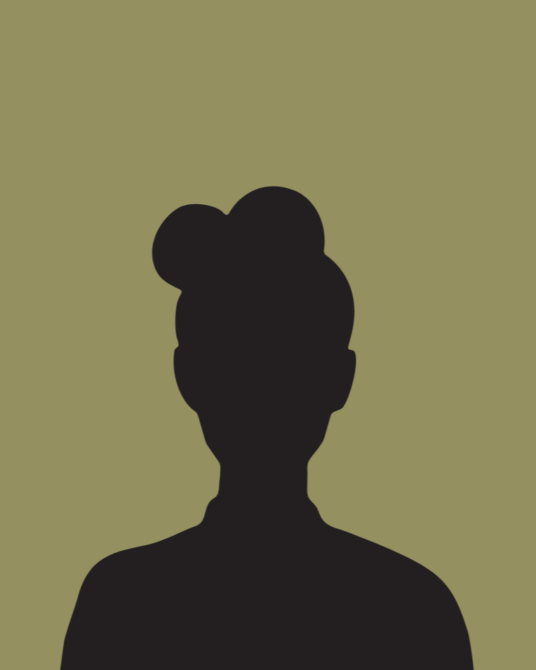 Silhouette of a woman with hair styled in a high bun, against a plain olive-green background.