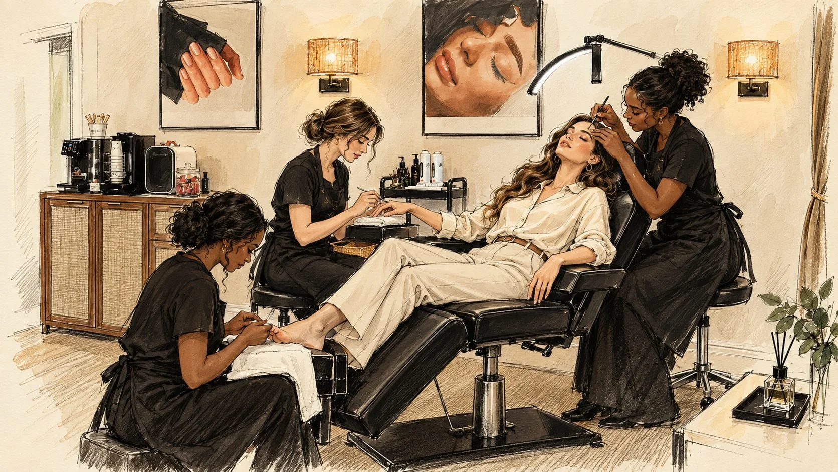Illustration of the Take Time 360º Beauty Experience in Wimbledon, with a manicure, pedicure and lash lift taking place together in our Cannizaro House treatment room.