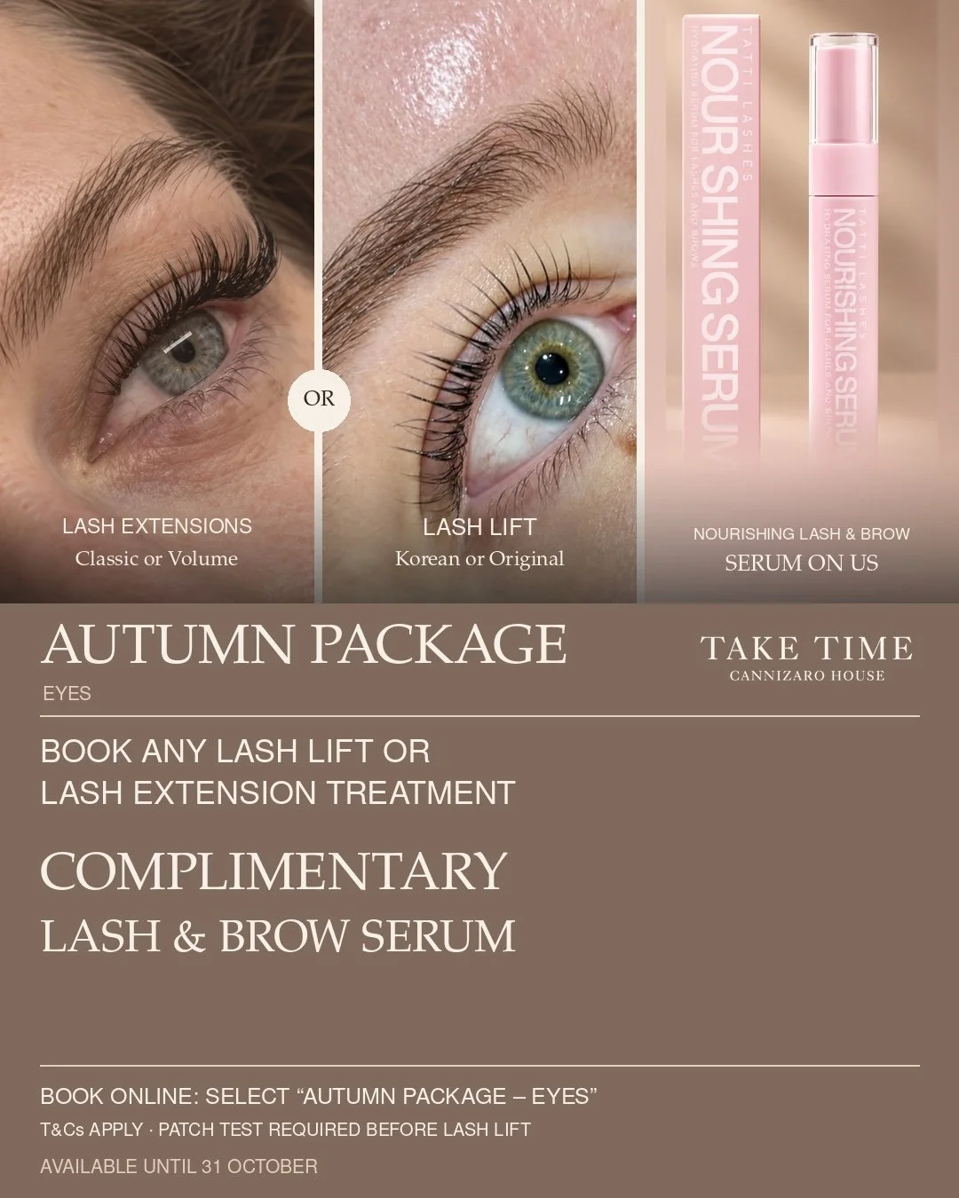 Autumn Eyes package at Take Time Cannizaro House: lash lift or lash extensions with a complimentary lash and brow serum, available until 31 October.