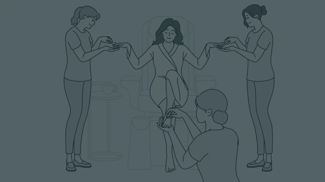 Illustration of a woman receiving a foot treatment while seated, with two other women applying foot masks or creams to her hands, and a fourth woman attending to her foot.