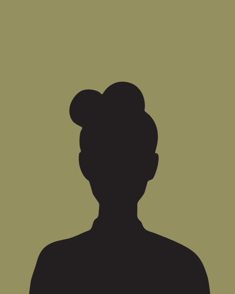Silhouette of a woman with her hair in a bun against a plain background.