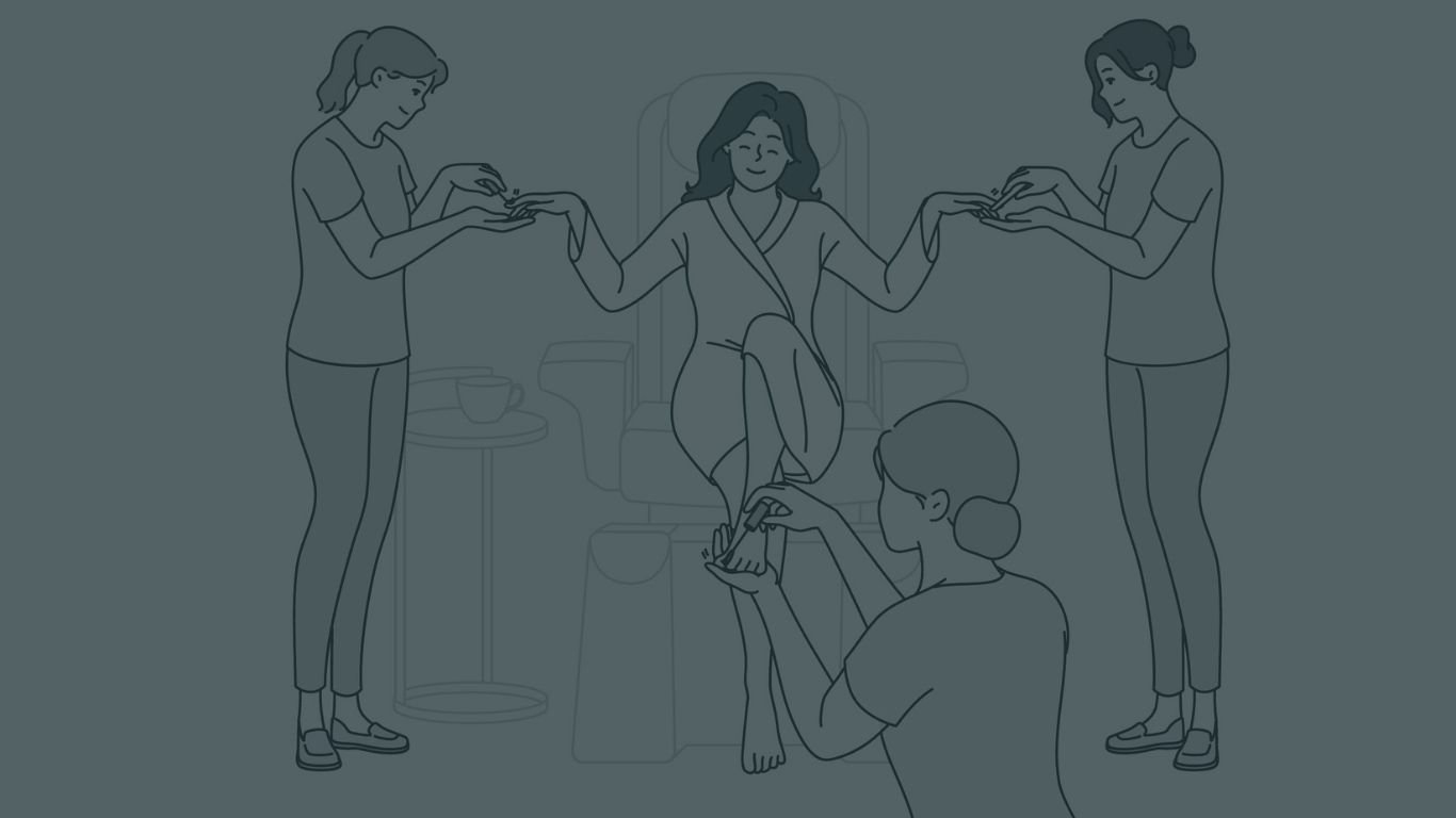 Illustration of a woman sitting in a chair, receiving multiple manicures from four women. One woman is applying nail polish to her hand, another to her foot, and two are working on her nails simultaneously.