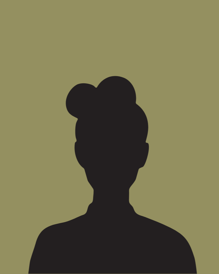 Silhouette of a woman with hair styled in a bun against a beige background.