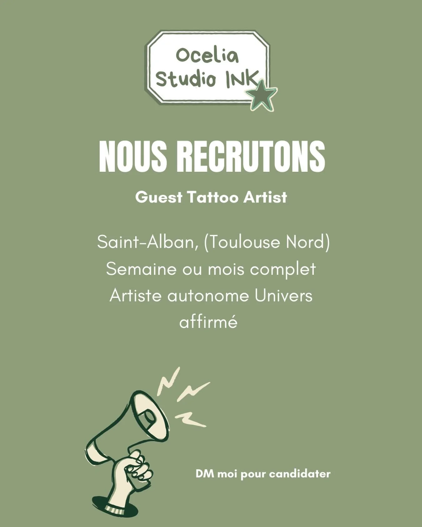 Oc&eacute;lia Studio Ink ouvre ses portes &agrave; un(e) guest tattoo ✨

Je recherche un(e) artiste autonome, s&eacute;rieux(se) et avec un univers fort pour int&eacute;grer le shop le temps d&rsquo;une semaine ou d&rsquo;un mois complet.

Studio neu