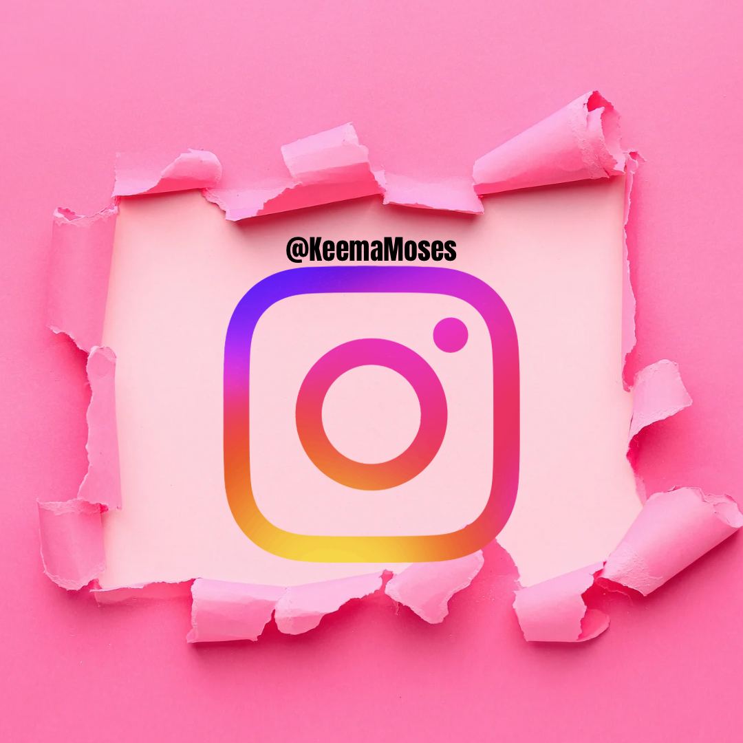 Pink paper background with a torn paper opening revealing the Instagram logo and the username '@KeemaMoses' above it.