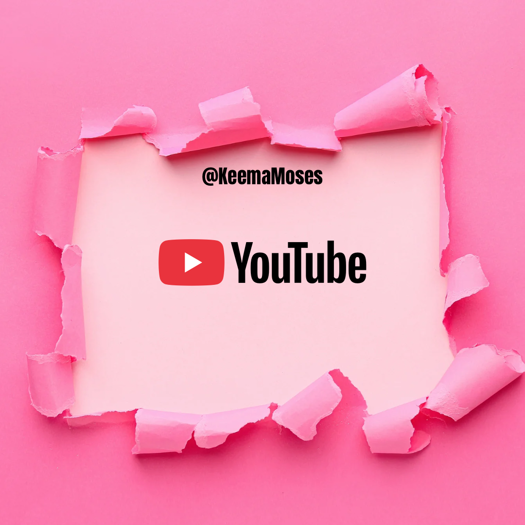 Pink torn paper revealing a YouTube logo and text with a social media handle @KeemaMoses in black on a pink background.