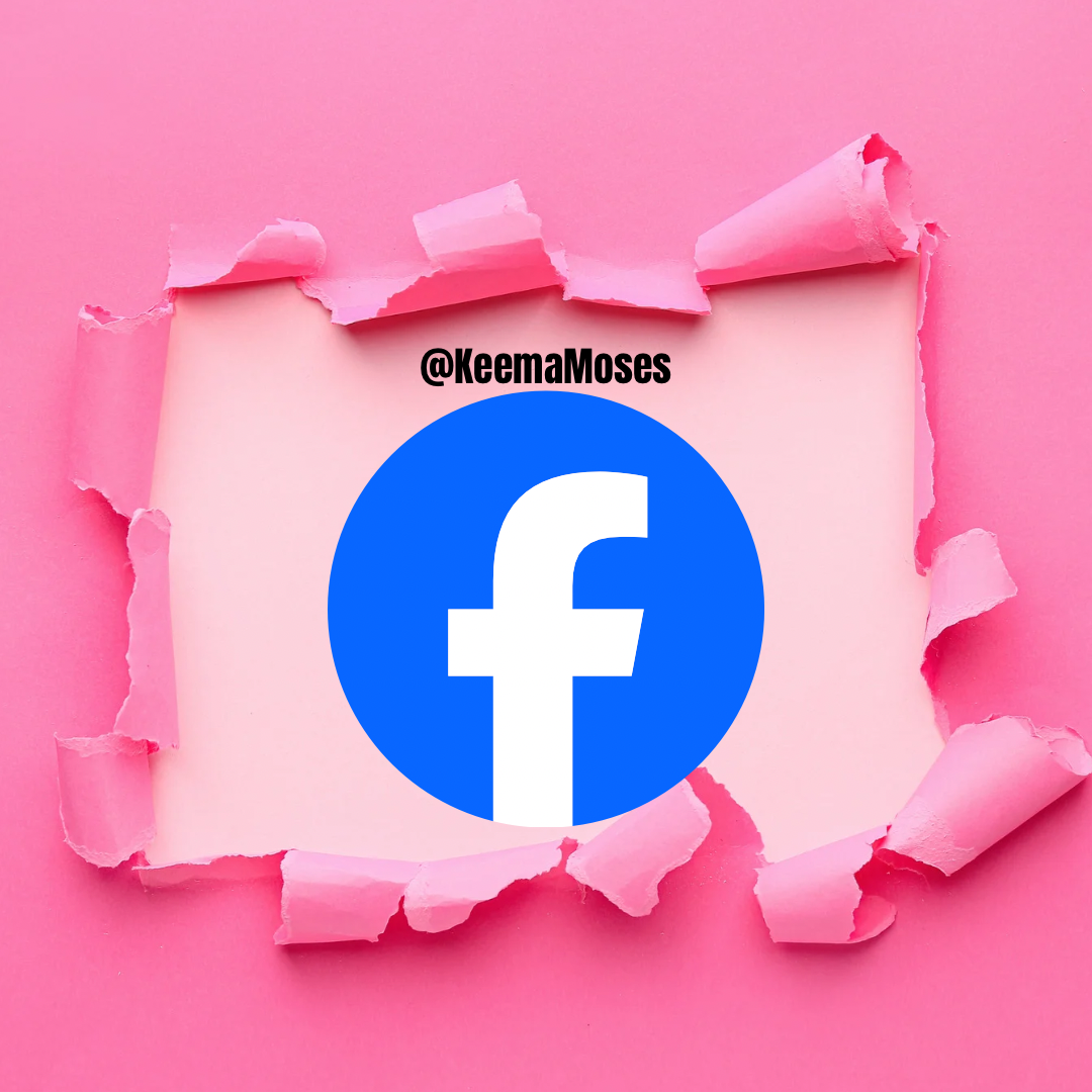 Facebook logo on pink torn paper background with the text '@KeemaMoses' above it.