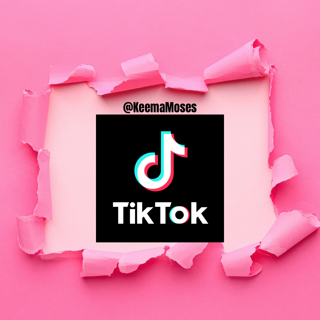 TikTok logo and username @KeemaMoses on black background, surrounded by torn pink paper