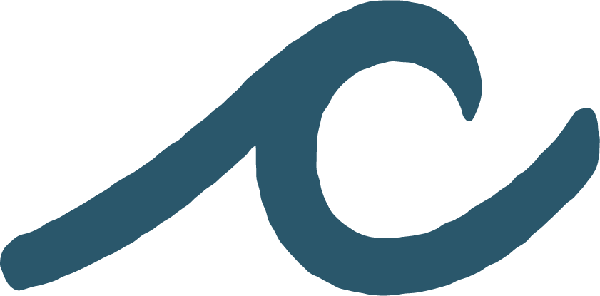 A stylized, dark blue, handwritten-style letter 'C' that looks like a wave.
