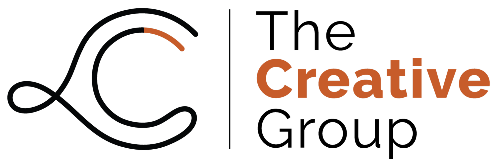 A simple logo of a black fluid letter C with a variable tip to represent different parts of the company. Text to the right of the brand mark saying The Creative Group. Creative in the brand colour matching the tip of the C.