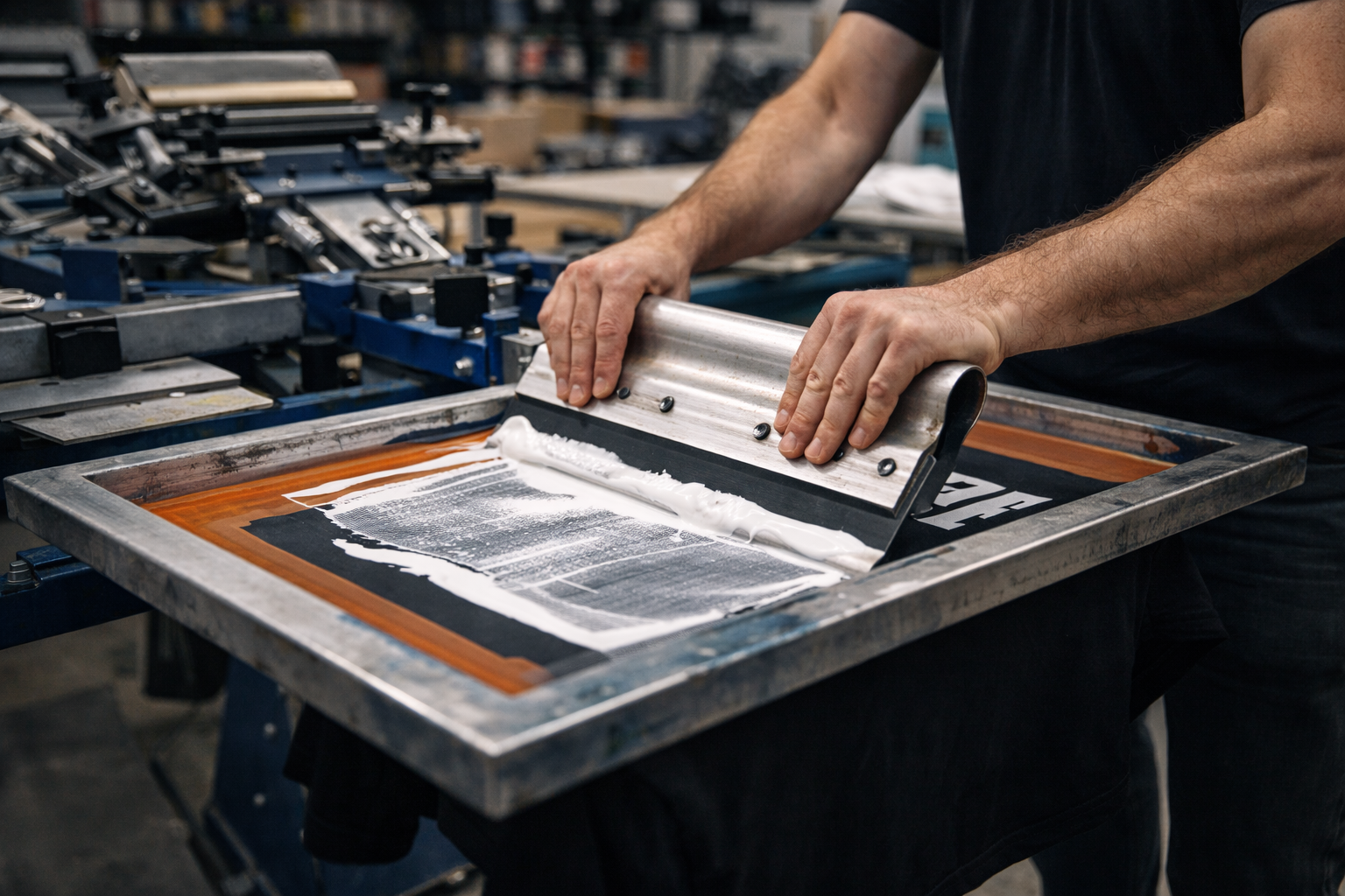 A person operating a printing press, pressing a sheet of paper coated with ink against a textured surface, in a printmaking workshop.