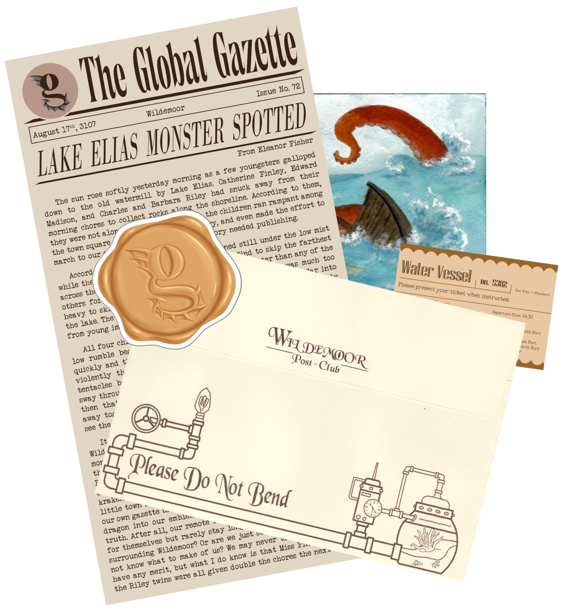 A collage of items from the first issue of the Wildemoor Post Club. Includes an envelope, sticker, news article, art print, and ticket that reads "5383".