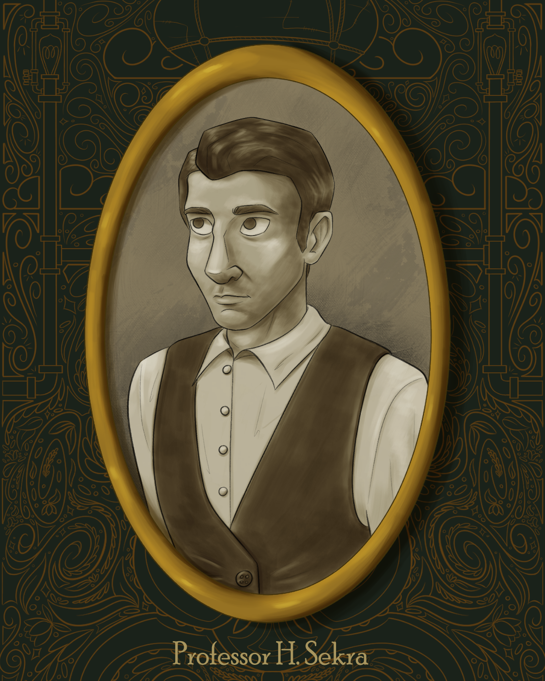 An illustrated portrait of Professor Sekra.