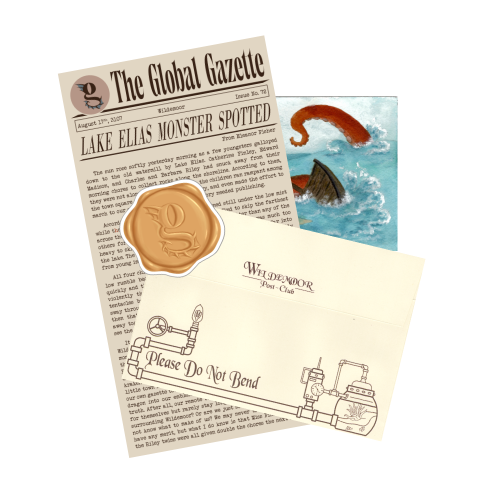 Image of the first month of the mail subscription showing an envelope, art print, letter, and sticker.