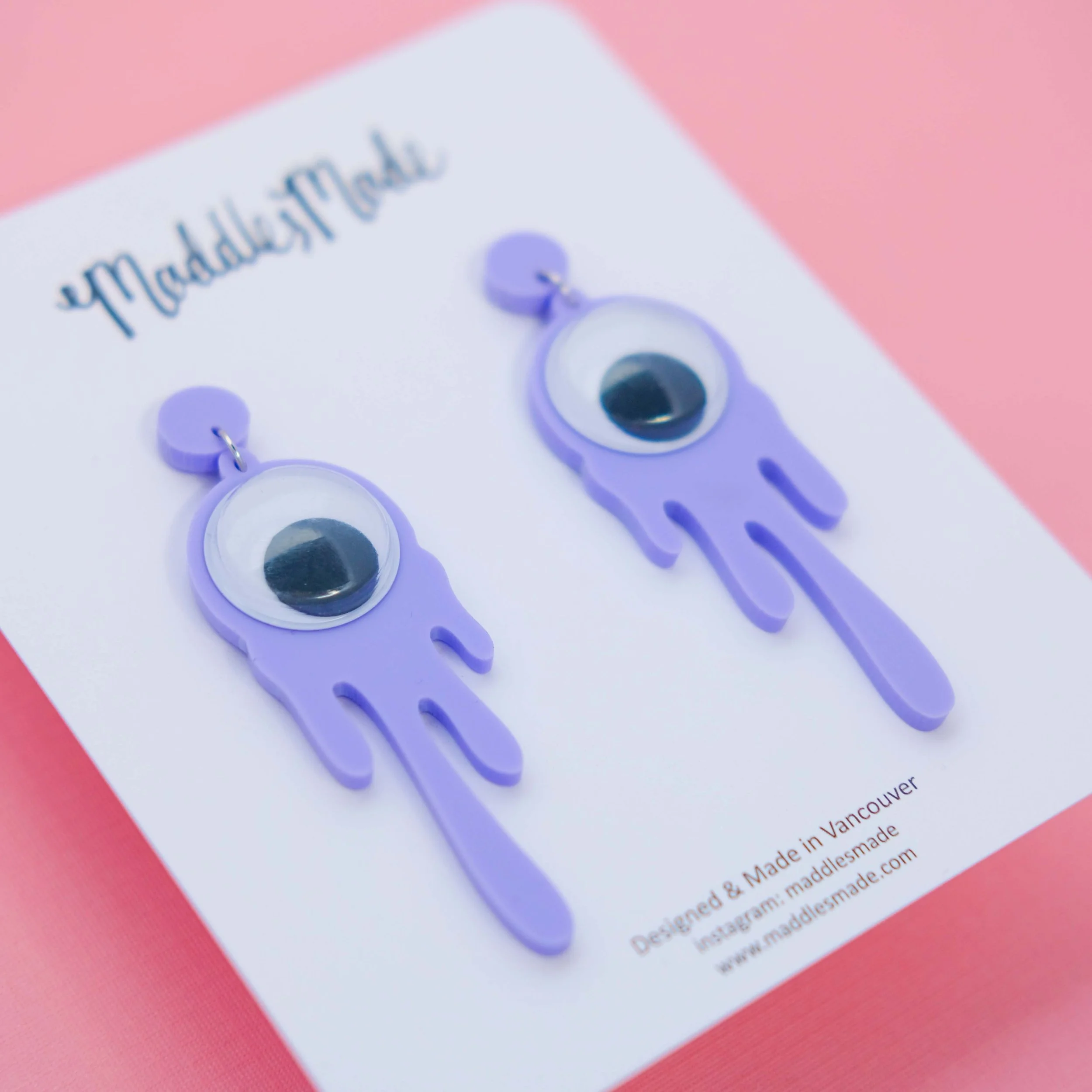 Acrylic Jewellery 'I See You' Earrings in Pastel Purple close up shot