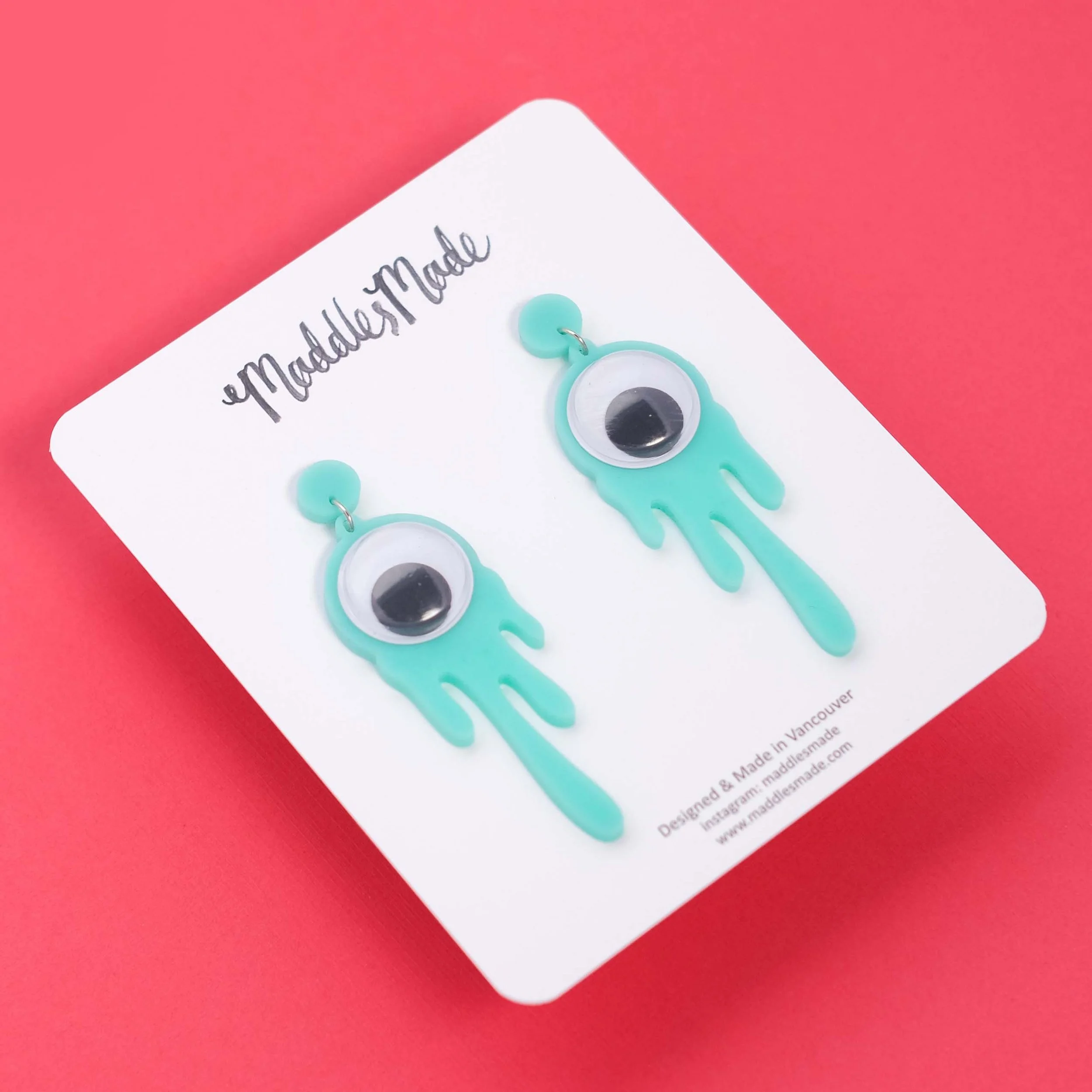 Acrylic Jewellery 'I See You' Earrings in teal close up shot