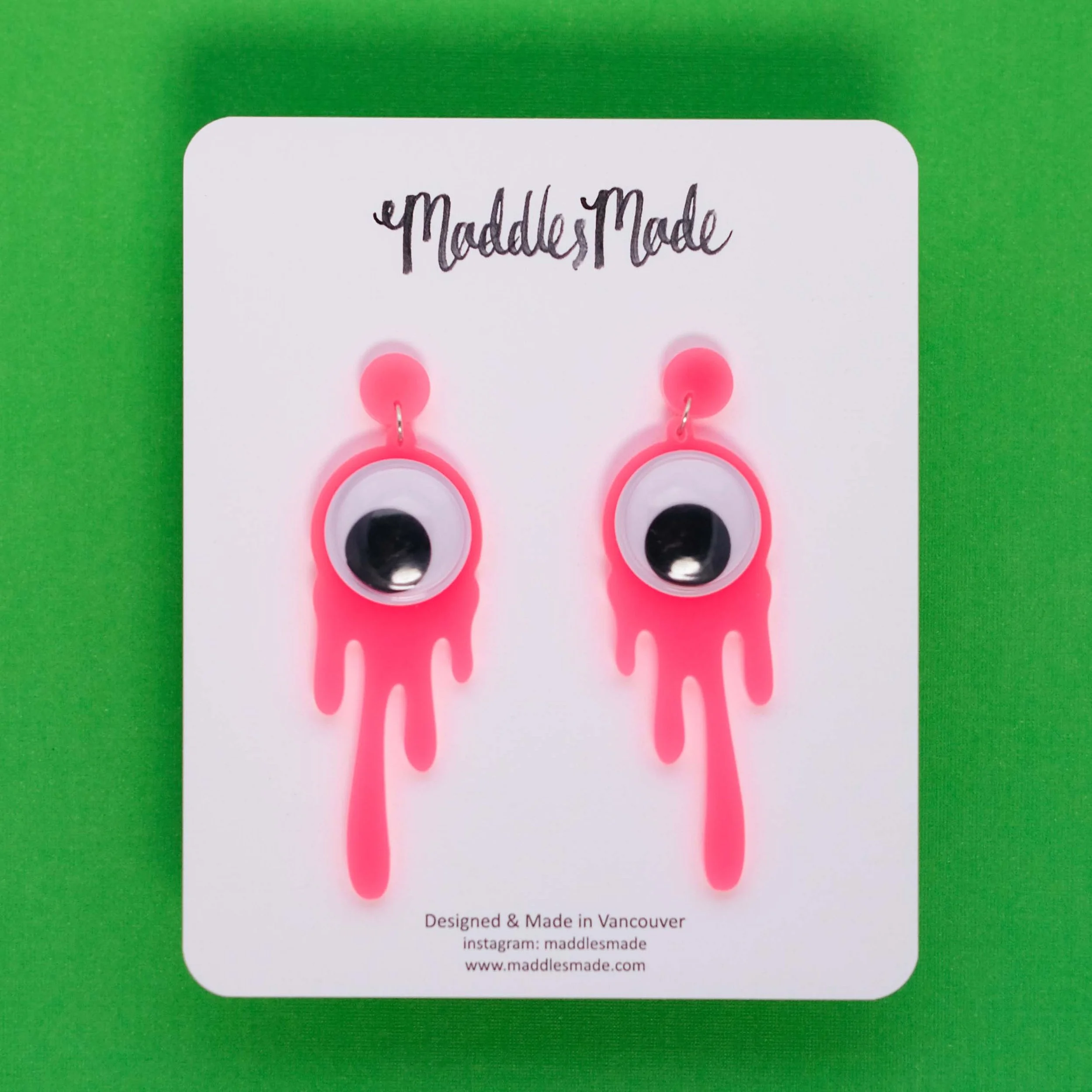 Acrylic Jewellery 'I See You' Earrings in neon pink product shot