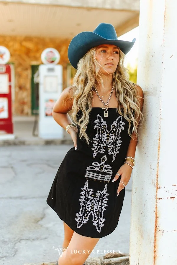 Black Ivory Embroidered Buckle Tank Denim Stretch
