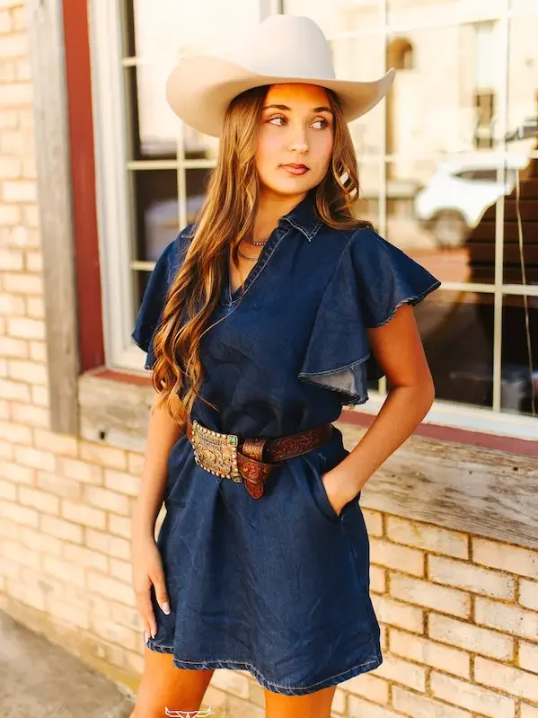 Dark Wash Ruffle Short Sleeve Stretch Denim Dress