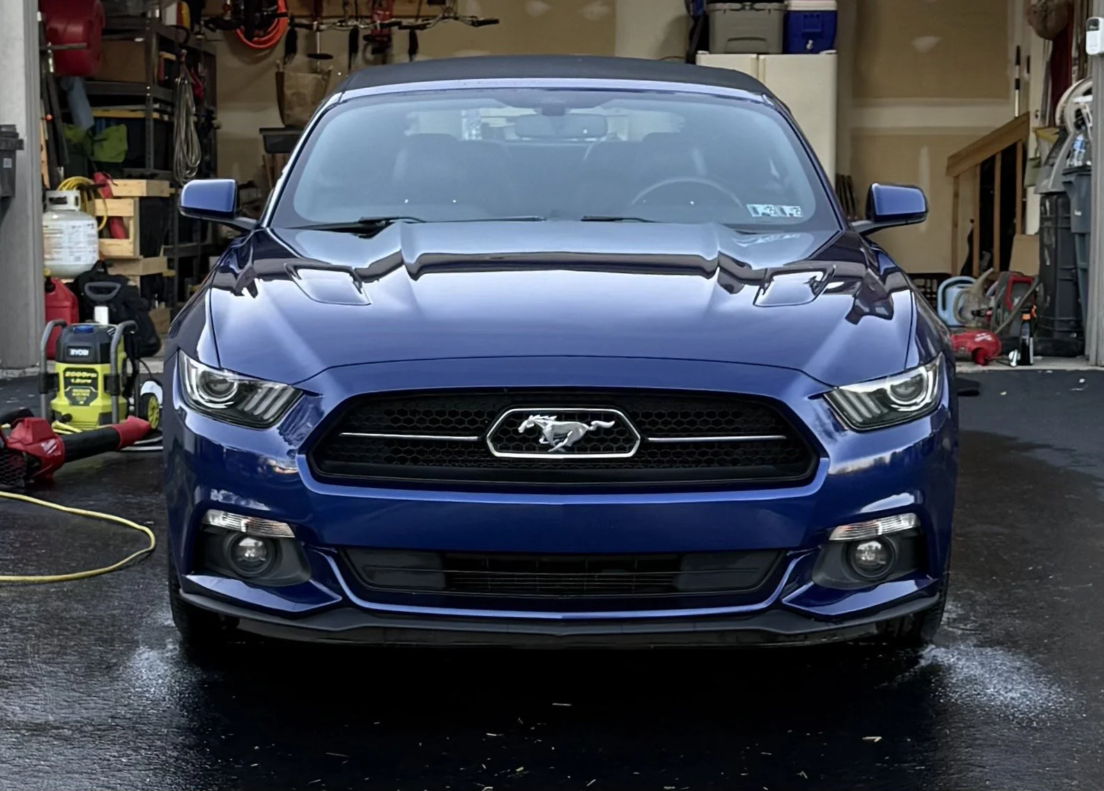 Front view of a blue Ford Mustang parked inside a garage.