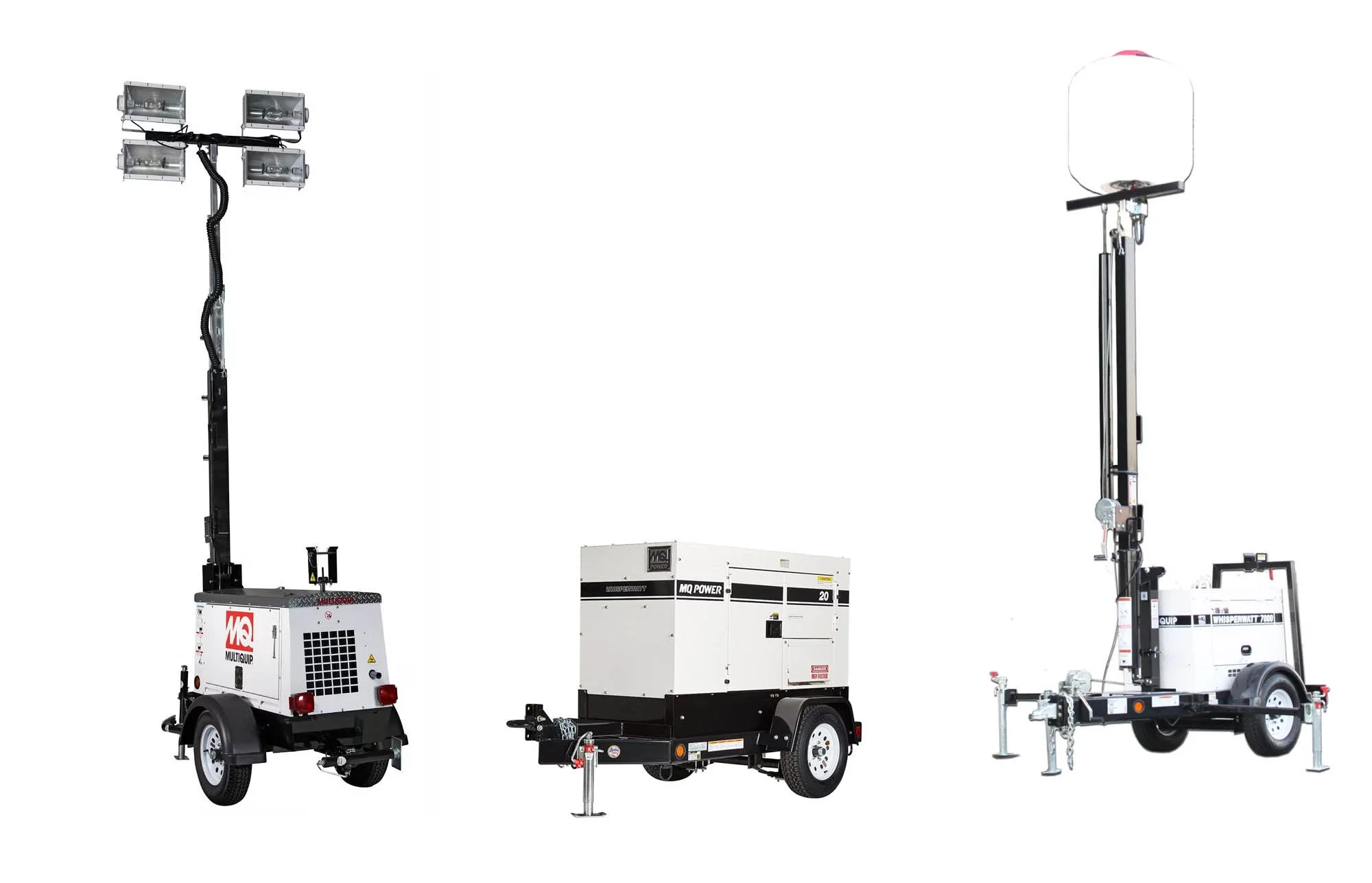 A collection of portable lighting and power equipment on trailers, including light towers, generators, and related accessories.