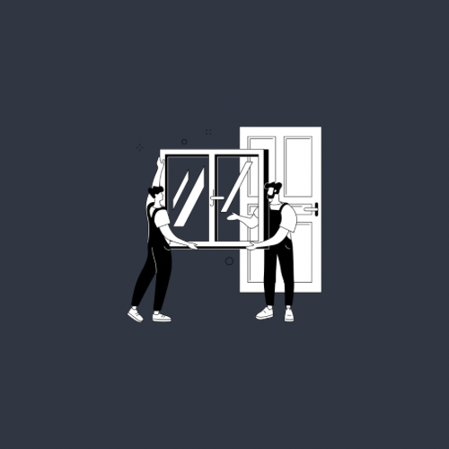 Two people are carrying a large window through a door in a dark background illustration.