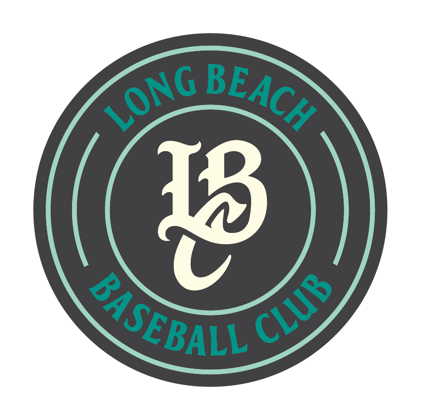 Circular logo for Long Beach Baseball Club with a large stylized 'L' 'B' and 'C" in the center, surrounded by the text 'Long Beach Baseball Club' in teal on a dark background.