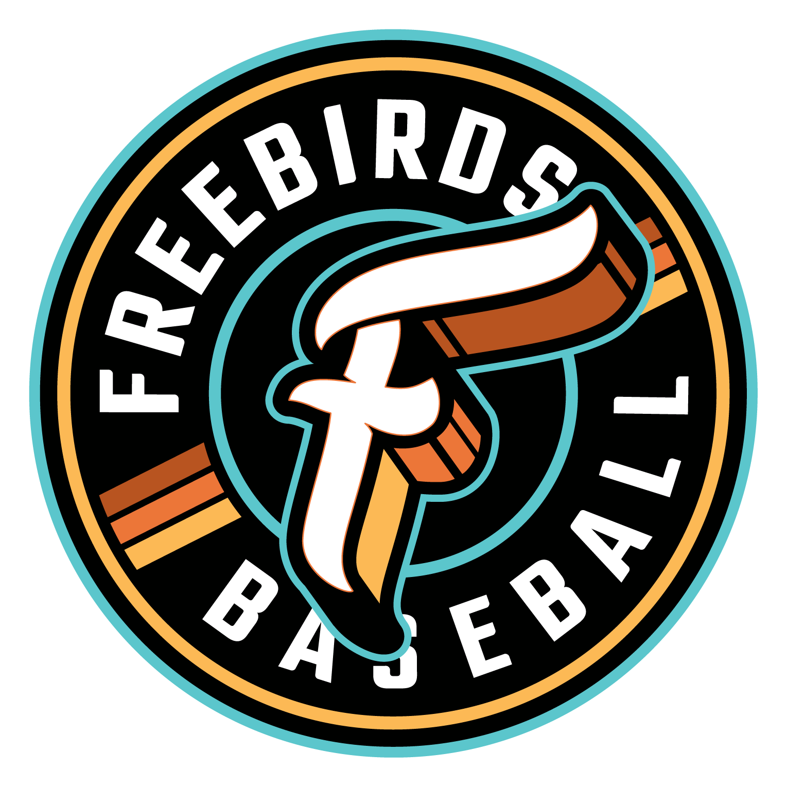 Circular logo for Freerbirds Baseball, featuring a stylized letter 'F' and the words 'Freebirds Baseball' in a circle around it, with a black background and blue, orange, yellow, and white accents.