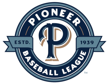 Logo of Pioneer Baseball League featuring a large letter P in the center, surrounded by a circular blue border with white text reading 'Pioneer Baseball League,' 'ESTD. 1939'.