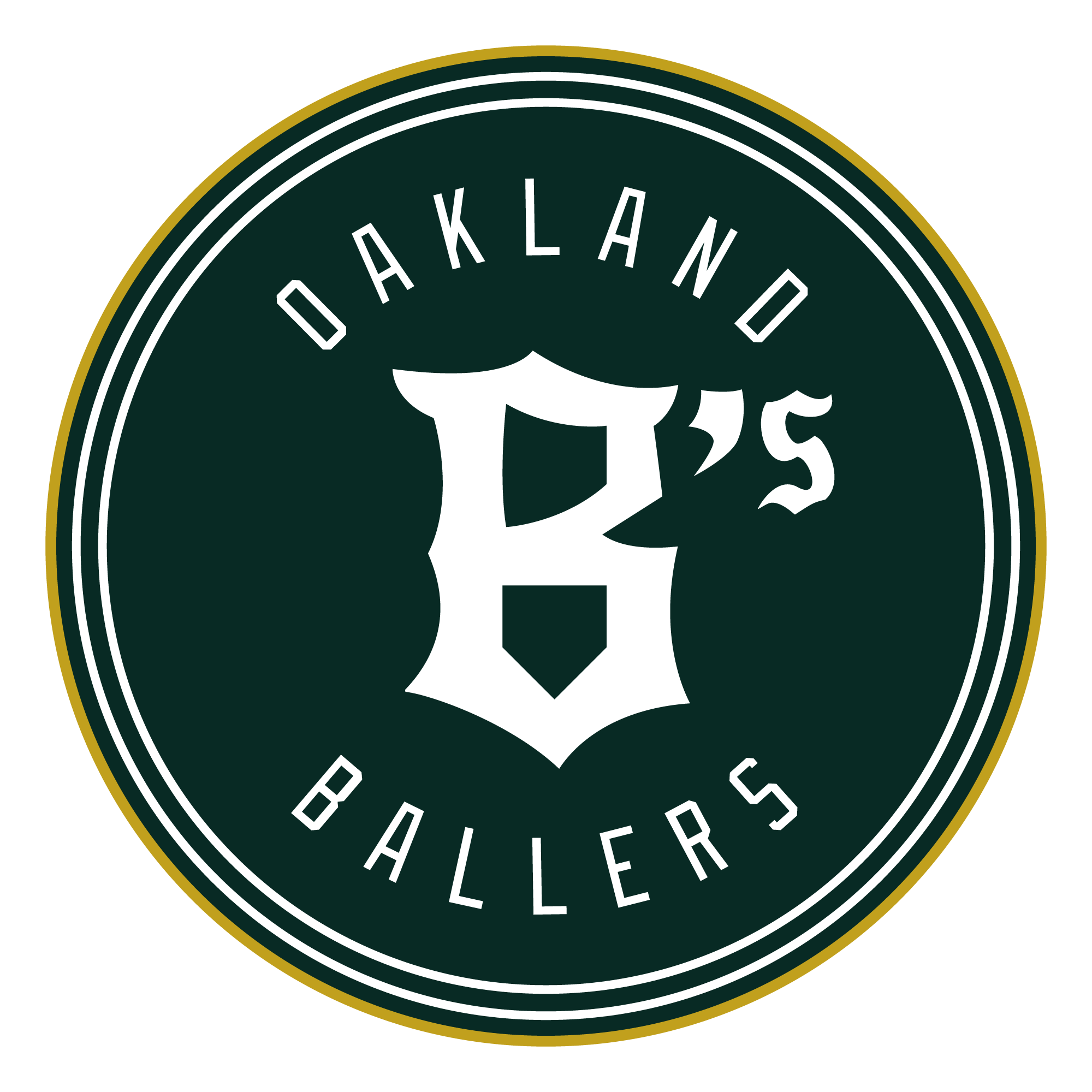 Circular logo for the Oakland Ballers pro baseball team, featuring an old English style "B's" in the middle surrounded by the words Oakland Ballers.