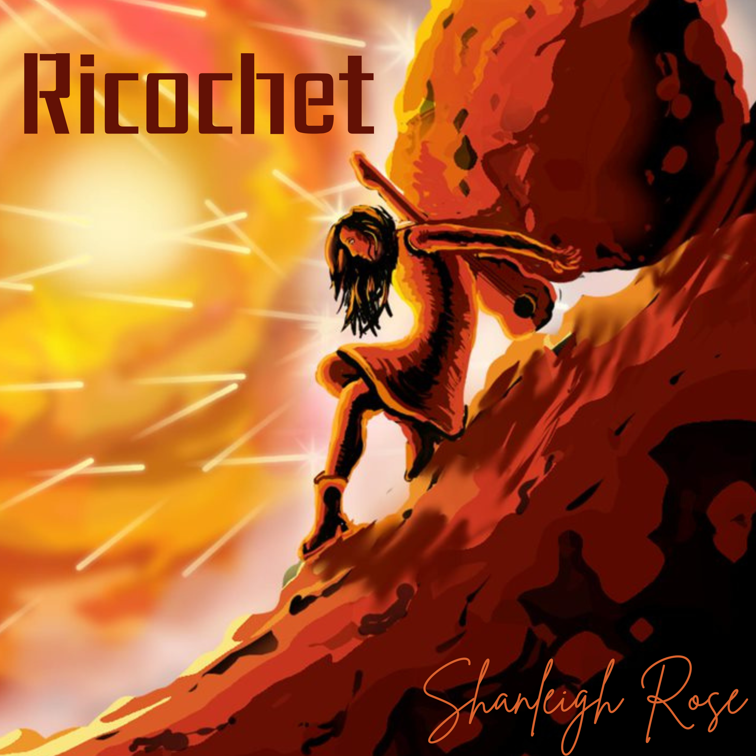 "Ricochet" Cover Art. A digitally illustrated scene of Shanleigh Rose imitating Sisyphus, climbing a steep hill, carrying a boulder during a fiery sunset. Illustrated by Reordan J. Carey.