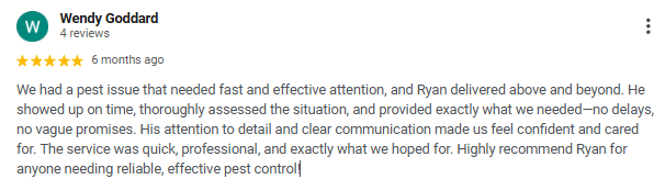 Screenshot of a customer review on a pest control service, praising Ryan for his fast, thorough, and professional service.
