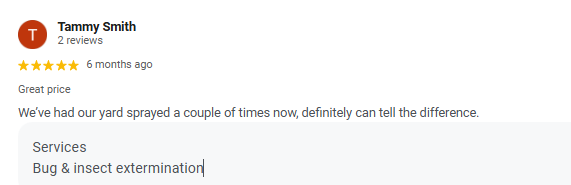 Screenshot of a review by Tammy Smith mentioning yard spraying and pest control services.