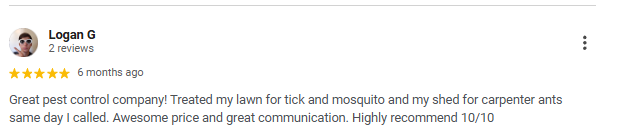 A screenshot of a Google review from Logan G praising a pest control company for treating his lawn and shed for pests the same day, with a 5-star rating and a 10/10 recommendation.