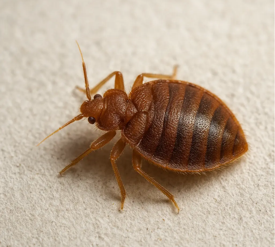 Close-up of a bed bug on a beige surface.