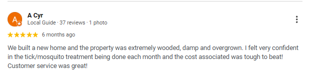 Screenshot of a positive customer review about building a new home, mentioning the property was wooded, damp, and overgrown, and praising customer service.