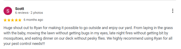 Screenshot of a Google review from a user named Scott praising Ryan for pest control services, with six reviews in total, two photos, and a five-star rating.