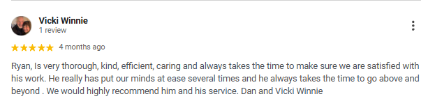 Screenshot of a 5-star Google review praising Ryan for being thorough, kind, efficient, caring, and dedicated to customer satisfaction.