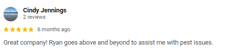 Customer review for Cindy Jennings highlighting positive experience with a pest control company and mentioning Ryan's helpfulness.