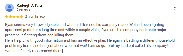 Screenshot of a 5-star review by Kaleigh A Tara praising Ryan and his company for pest control services.