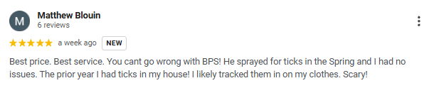 Screenshot of a customer review about pest control services, praising the effectiveness against ticks and mentioning no issues after treatment.