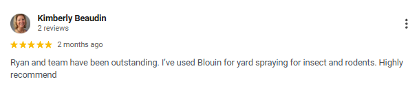Screenshot of a Google review by Kimberly Beaudin, rating 5 stars, praising Ryan and team for their outstanding work using Blouin for yard spraying for insects and rodents, highly recommending.