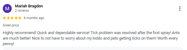 Screenshot of a customer review for a pest control service, praising quick and dependable service and effective spray.