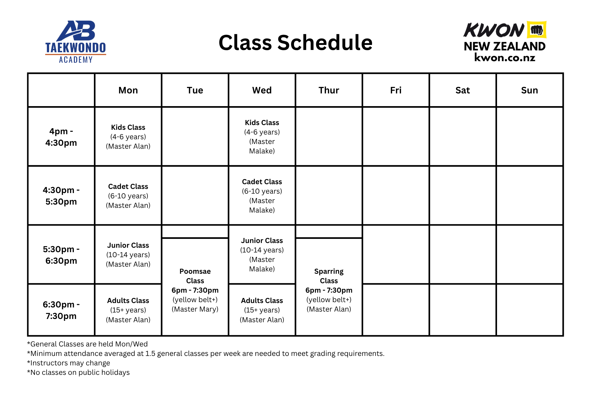 AB Olympic Taekwondo Christchurch Classes Weekly Class Schedule Martial Arts
